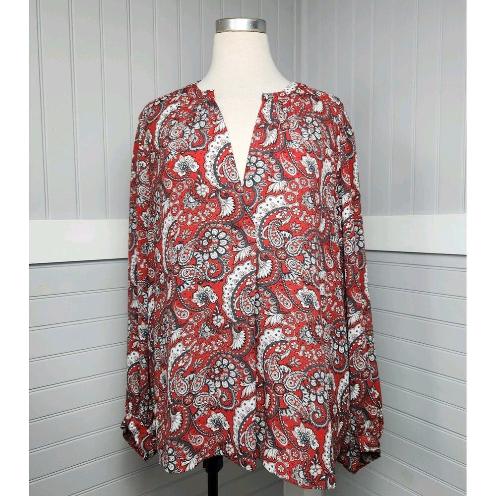 Loft Red Paisley Split Neck Blouse Womens XL Pullover Lightweight Boho Peasant